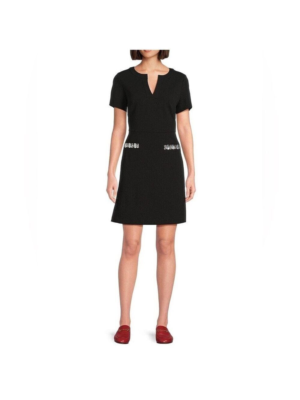 Tommy Hilfiger Black Split Neck Crystal Embellished Short Sleeve Mini 6 NWT